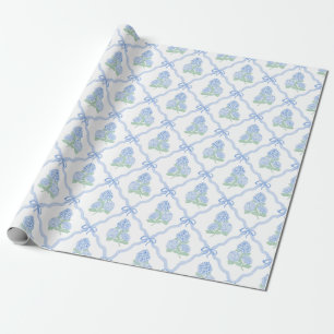 Preppy Blue Hydrangea with Blue Bow Trellis Wrapping Paper
