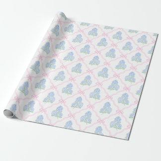 Preppy Blue Hydrangea with Pink Bow Trellis Wrapping Paper
