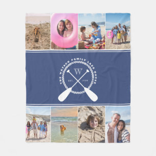 Preppy Blue Lake House Monogram Photo Collage Fleece Blanket