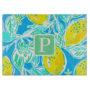 Preppy Blue Lemon Initial Monogram Cutting Board