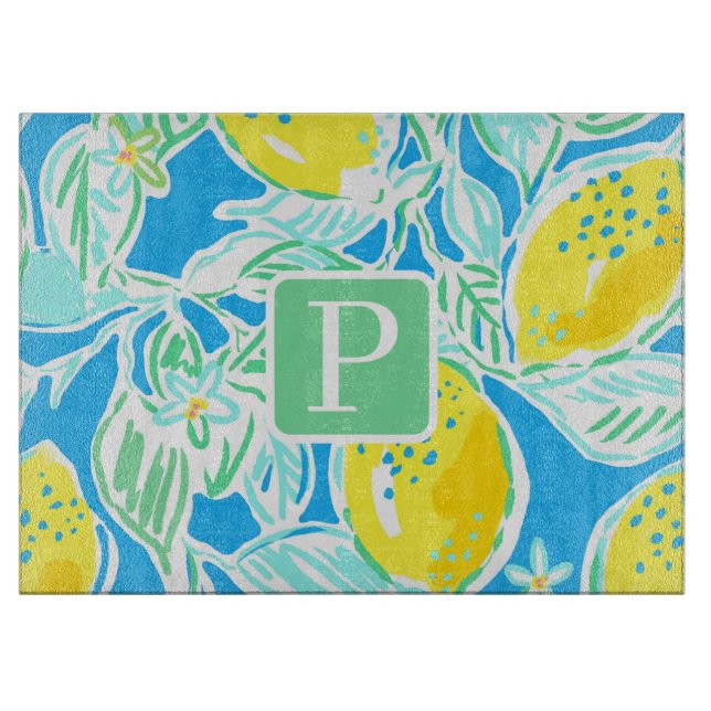 Preppy Blue Lemon Initial Monogram Cutting Board (Front)