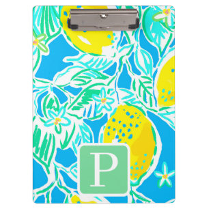 Preppy Blue Lemon Pattern Initial Clipboard