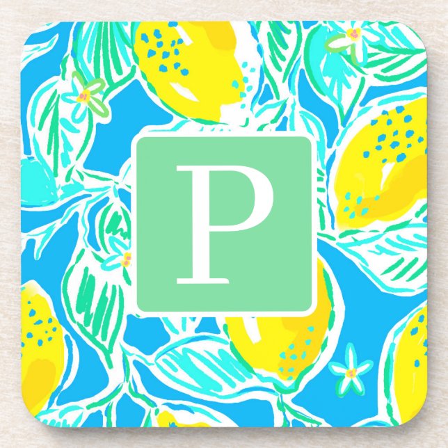 Preppy Blue Lemon Pattern Initial Coasters (Front)