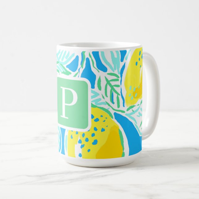 Preppy Blue Lemon Pattern Monogram  Coffee Mug (Front Right)