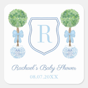 Preppy Blue Monogram Boxwood Baby Shower Favour Square Sticker