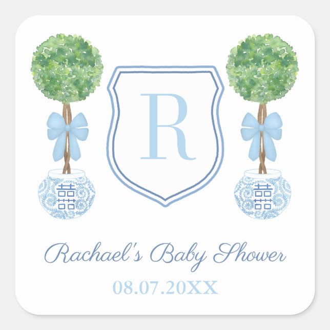 Preppy Blue Monogram Boxwood Baby Shower Favour Square Sticker (Front)