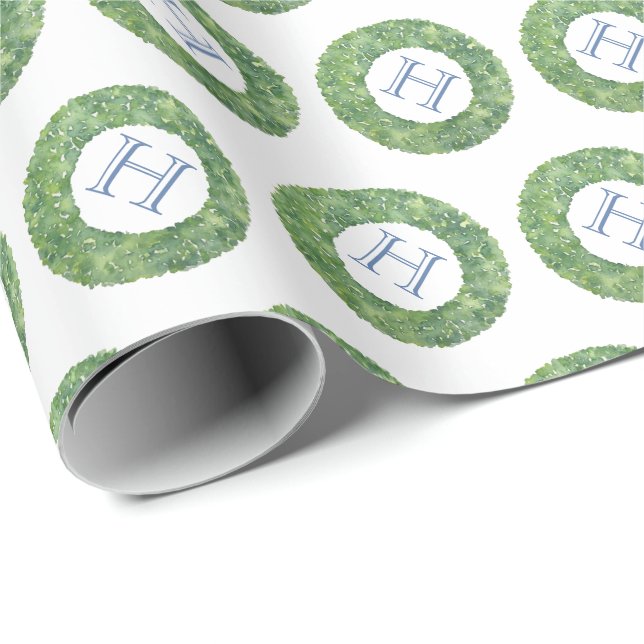 Preppy Blue Monogrammed Green Boxwood Wreath Wrapping Paper (Roll Corner)