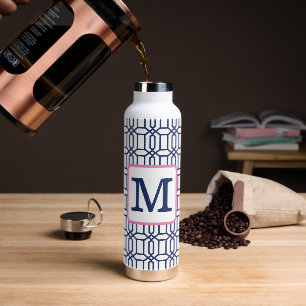 Preppy Blue Octagon Monogram Water Bottle