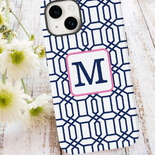 Preppy Blue Octagon Pattern / Navy Monogram White Case-Mate iPhone 14 Case