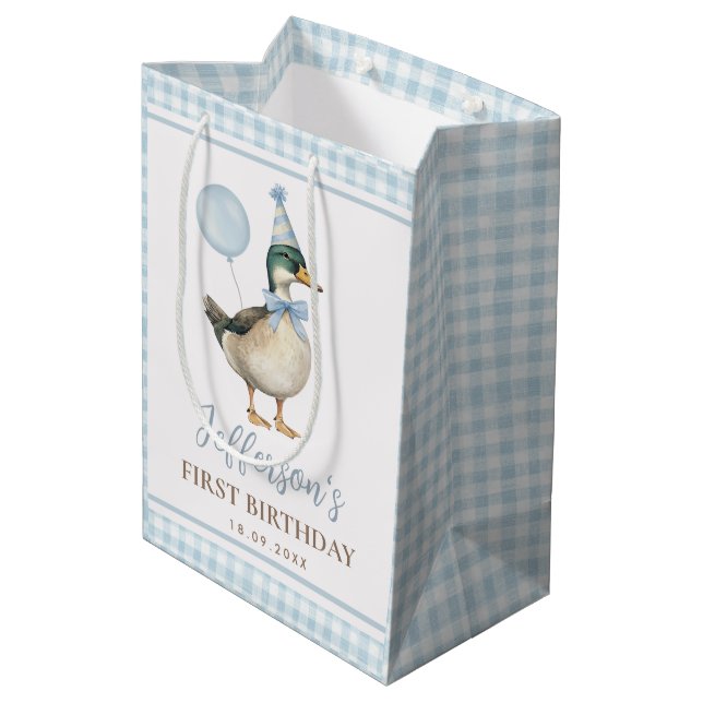 Preppy Blue One Lucky Duck 1st Birthday Party Medium Gift Bag (Back Angled)