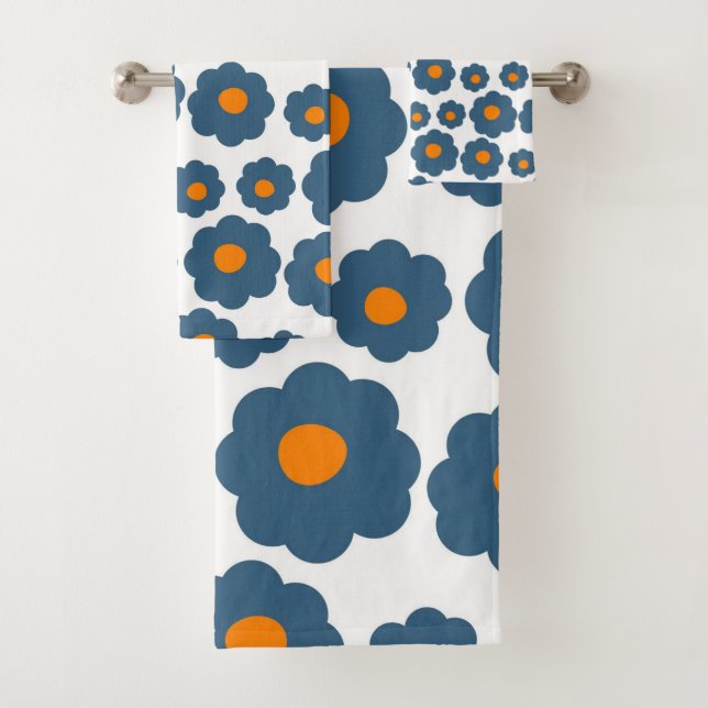 Preppy Blue Orange Hippie Flower Pattern Bath Towel Set (Insitu)
