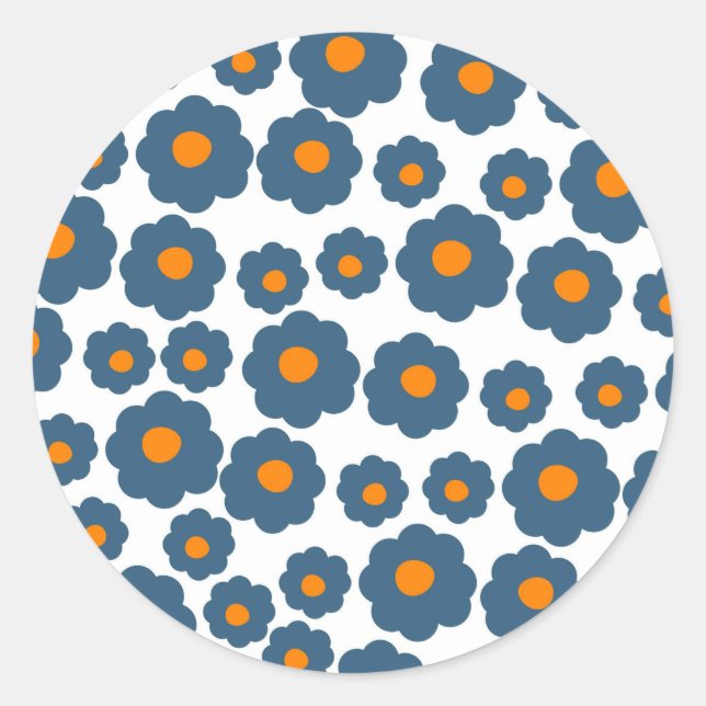 Preppy Blue Orange Hippie Flower Pattern Classic Round Sticker (Front)