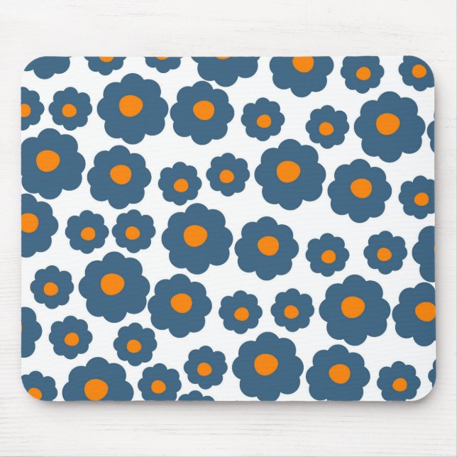 Preppy Blue Orange Hippie Flower Pattern Mouse Mat (Front)