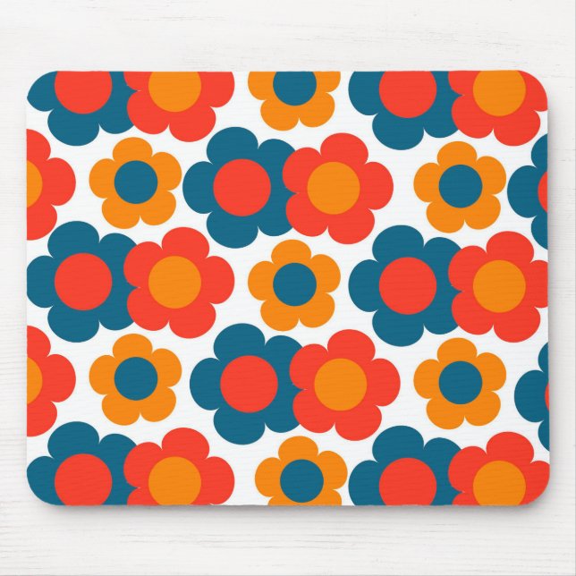 Preppy Blue Orange Hippie Flower Pattern Mouse Mat (Front)