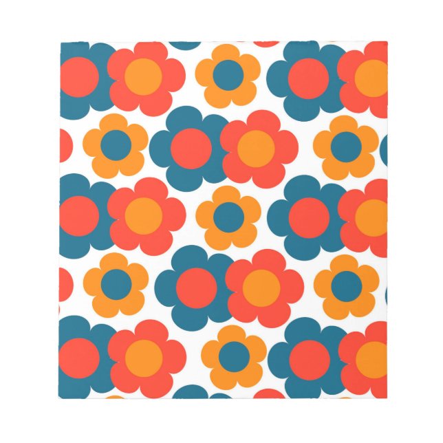 Preppy Blue Orange Hippie Flower Pattern Notepad (Front)