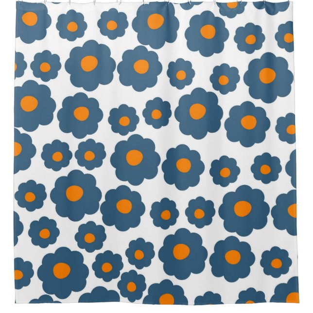 Preppy Blue Orange Hippie Flower Pattern Shower Curtain (Front)