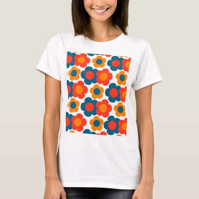 Preppy Blue Orange Hippie Flower Pattern   T-Shirt (Front)