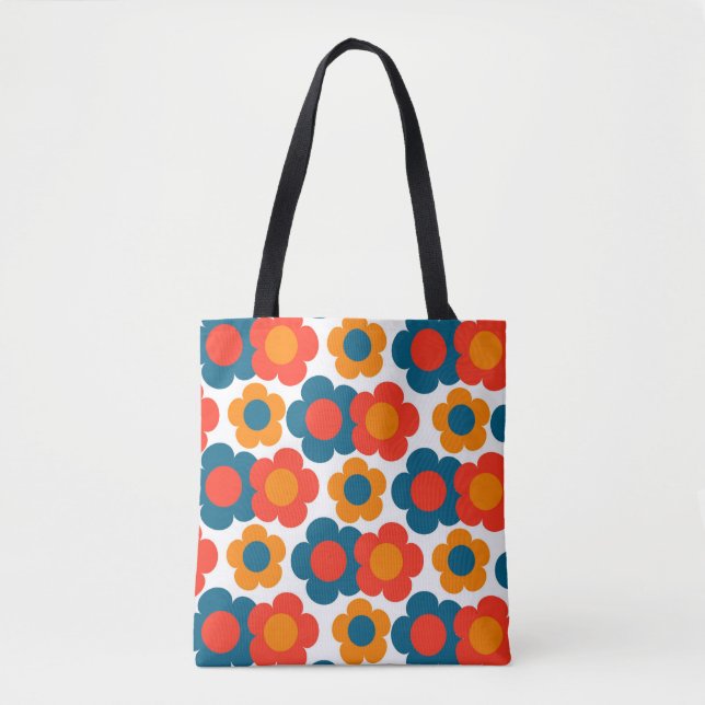 Preppy Blue Orange Hippie Flower Pattern Tote Bag (Front)