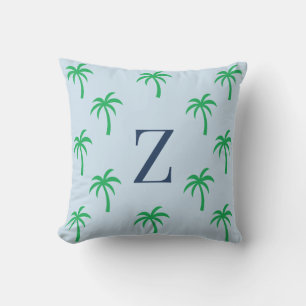 Preppy Blue Palm Tree Monogram Pillow