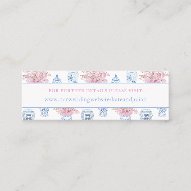 Preppy Blue Pink Chinoiserie Wedding Website Card (Front)