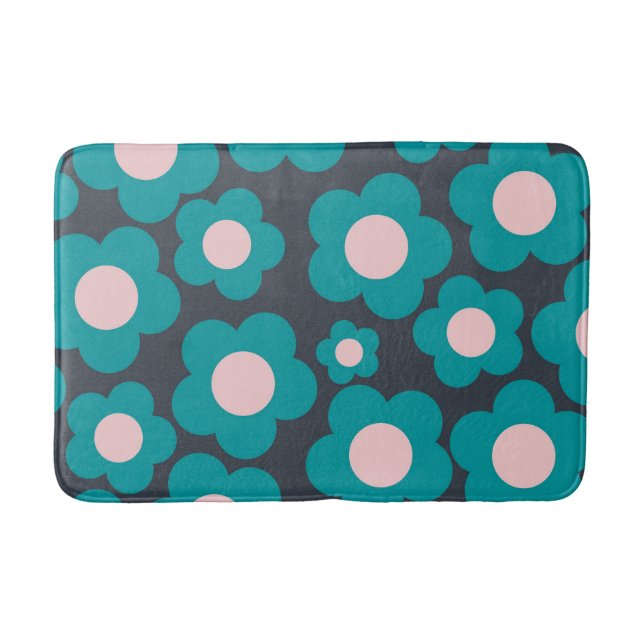 Preppy Blue Pink Floral Simple Flower Pattern Bath Mat (Front)