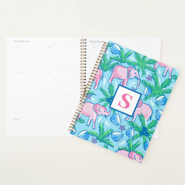 Preppy Blue Pink Green Elephant Monogram Planner (Display)