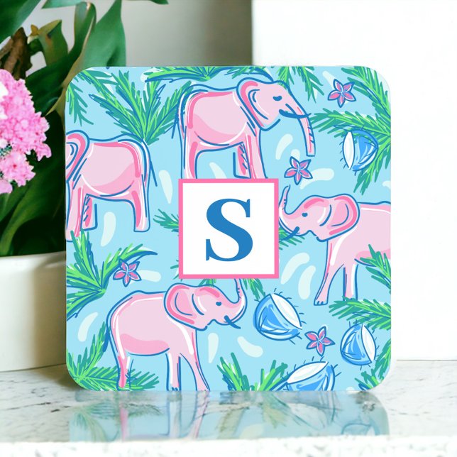 Preppy Blue Pink Green Elephant Monogram Square Paper Coaster (Creator Uploaded)