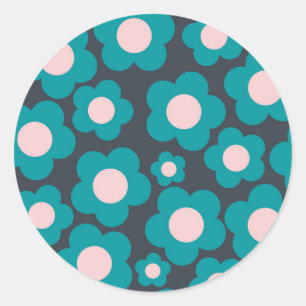 Preppy Blue Pink Hippie Flower Pattern Classic Round Sticker