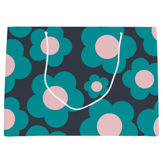 Preppy Blue Pink Hippie Flower Pattern Large Gift Bag (Front)