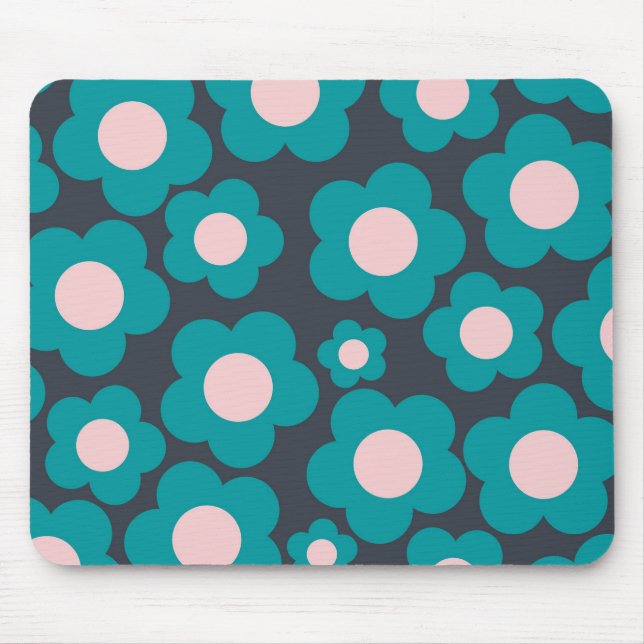 Preppy Blue Pink Hippie Flower Pattern Mouse Mat (Front)
