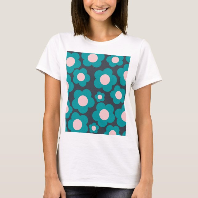 Preppy Blue Pink Hippie Flower Pattern T-Shirt (Front)