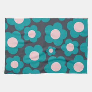 Preppy Blue Pink Hippie Flower Pattern Tea Towel