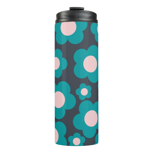Preppy Blue Pink Hippie Flower Pattern Thermal Tumbler (Front)