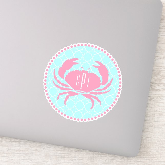 Preppy Blue Pink Monogram Quatrefoil Crab (Detail)