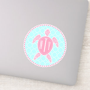 Preppy Blue Pink Monogram Quatrefoil Sea Turtle