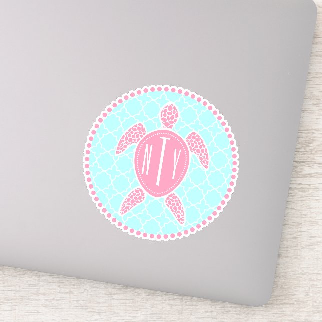 Preppy Blue Pink Monogram Quatrefoil Sea Turtle (Detail)