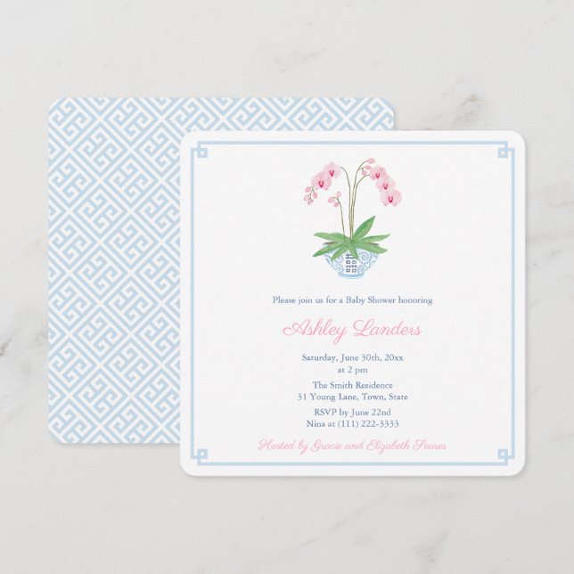 Preppy Blue Pink Orchid Ginger Jar Baby Shower Invitation (Front/Back)
