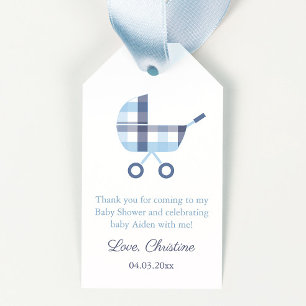 Preppy Blue Plaid Stroller Boy Baby Shower Favour Gift Tags
