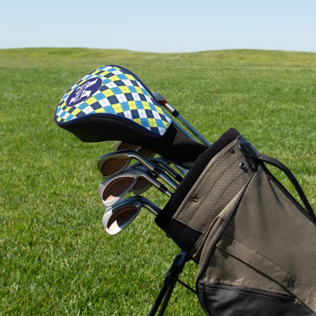 Preppy Blue Raspberry Lemon Argyle Monogrammed Golf Head Cover (In Situ)