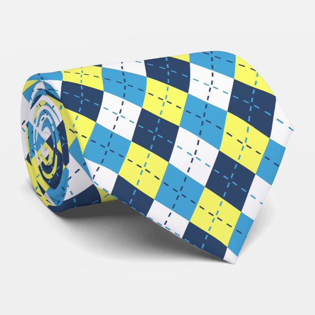 Preppy Blue Raspberry Lemon Yellow Argyle  Tie (Rolled)