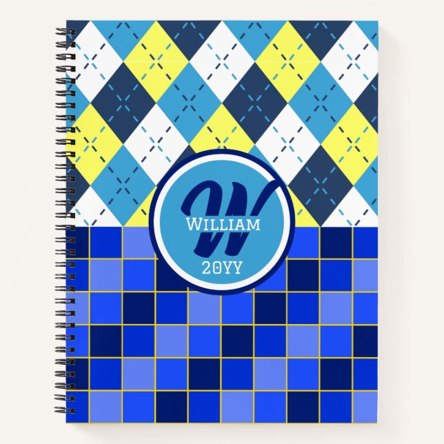 Preppy Blue Raspberry Lemonade Argyle and Checks Notebook (Front)