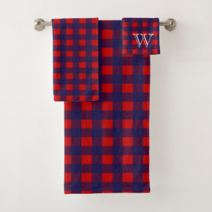Preppy Blue & Red Buffalo Check Plaid Monogram Bath Towel Set