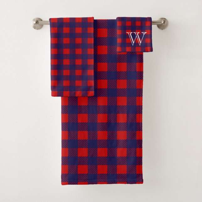 Preppy Blue & Red Buffalo Check Plaid | Monogram Bath Towel Set (Insitu)
