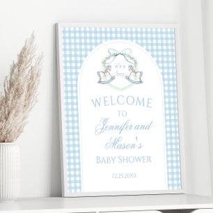 Preppy Blue Rocking Horse Gingham Baby Boy Shower Poster