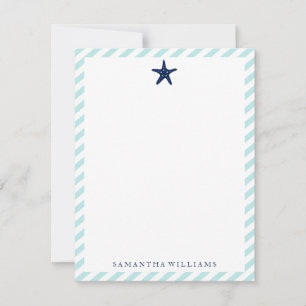 Preppy Blue Starfish on Mint Stripes Note Cards