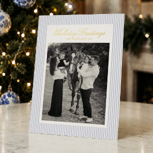 Preppy Blue Stripe Christmas Photo Foil Holiday Card