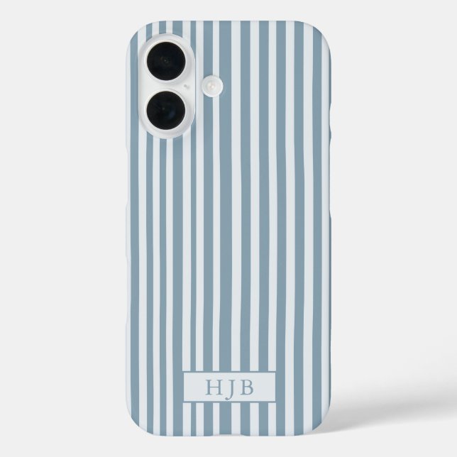 Preppy Blue Stripe Monogram Pretty iPhone 16 Case (Back)