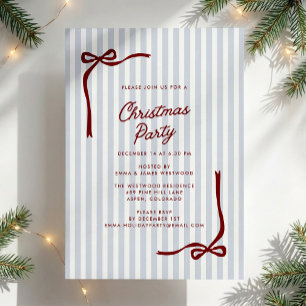 Preppy Blue Striped Red Bow Christmas Party Invitation