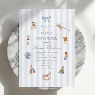 Preppy Blue Striped Rocking Horse Baby Shower Invitation