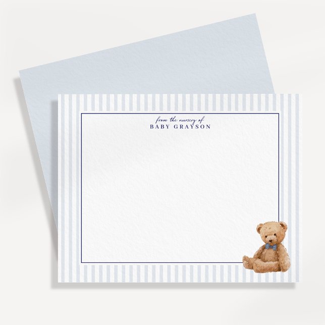 Preppy Blue Striped Teddy Bear Nursery note card (Creator Uploaded)